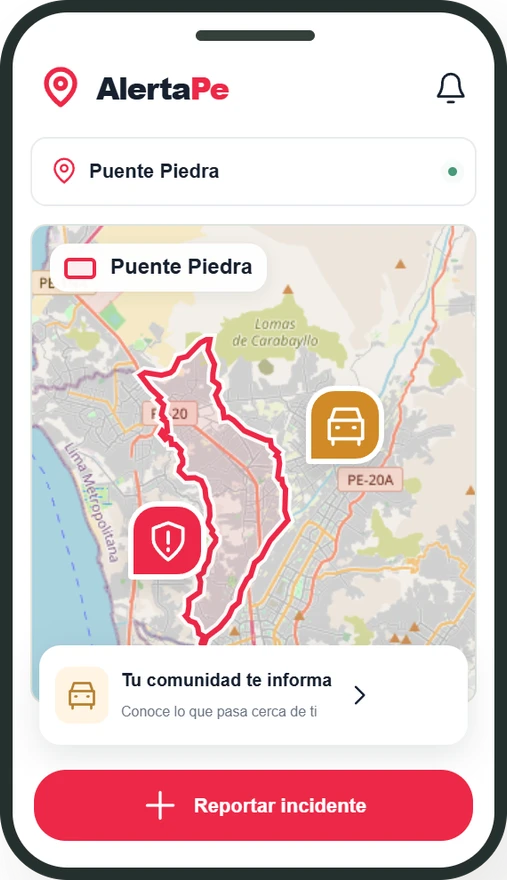 Celular de AlertaPE con el mapa de una comunidad vecinal.