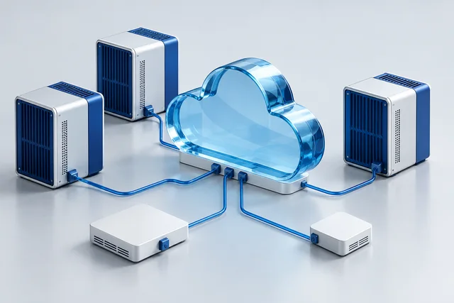 Ilustración de infraestructura cloud y sistemas conectados.